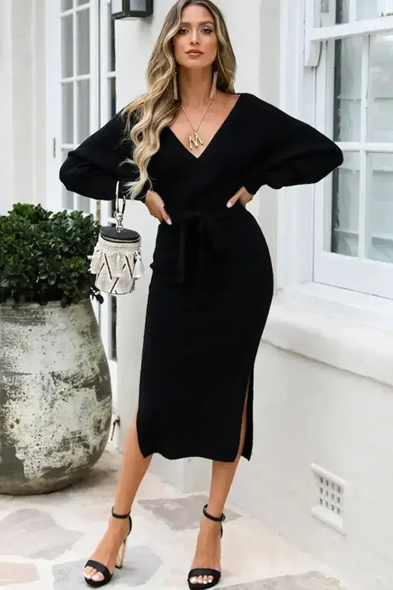 Robe pull fendue à la taille avec col cache-cœur et nœud