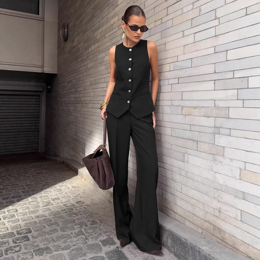 Ensemble élégant sans manches gilet et pantalon large pour femme – 2 pièces bureau