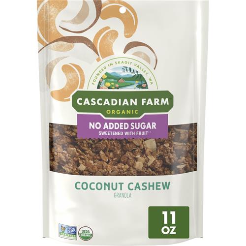 Cascadian Farm Granola biologique sans sucres ajoutés, céréales noix de cajou et noix de coco, sachet refermable, 311 g.
