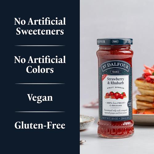 Confiture de fruits fraise et rhubarbe St. Dalfour - 280 g - 100 % fruits et rhubarbe, sans ingrédients artificiels, sans OGM, sans sucres de canne, entièrement naturelle