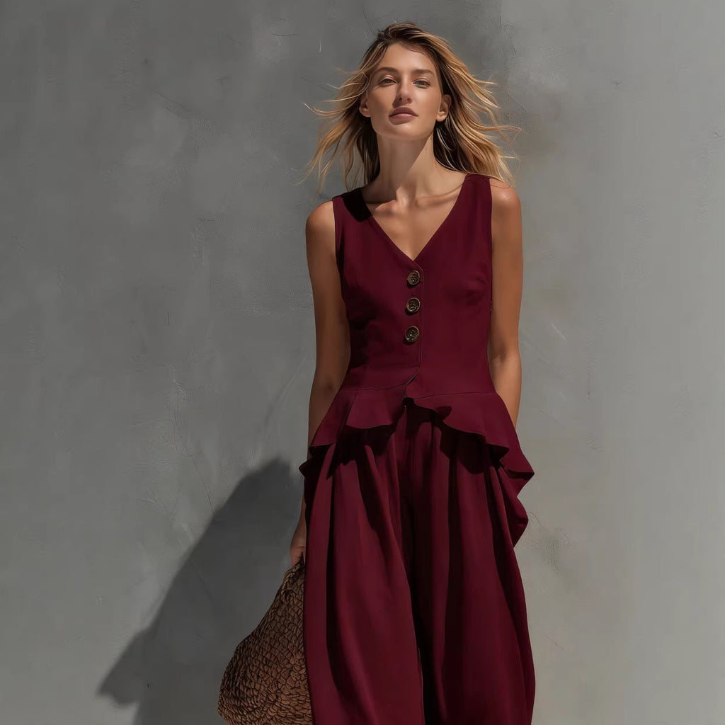 Ensemble deux pièces sans manches et pantalon large pour femme