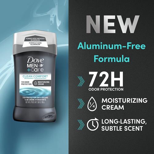 Déodorant en bâton Dove Men+Care pour hommes Clean Comfort Sans aluminium Protection anti-odeurs 72 heures Déodorant pour hommes avec 1/4 de crème hydratante 85 g