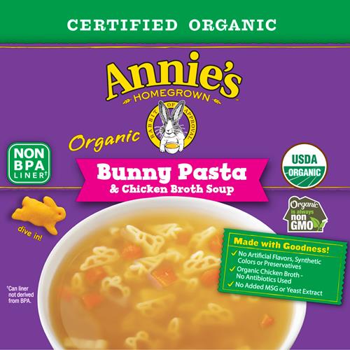 Soupe biologique Annie's aux pâtes en forme de lapin et au bouillon de poulet, 14 oz