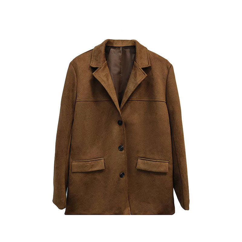 Veste Blazer Effet Daim — Revers Crantés, Manteau Décontracté Boutonné