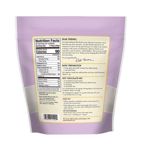 Poudre de Lait Écrémé en Poudre Bob's Red Mill, 623g (Lot de 1) - Fait 26 Tasses par Sachet, Fabriqué aux États-Unis, Non Aromatisé, Casher