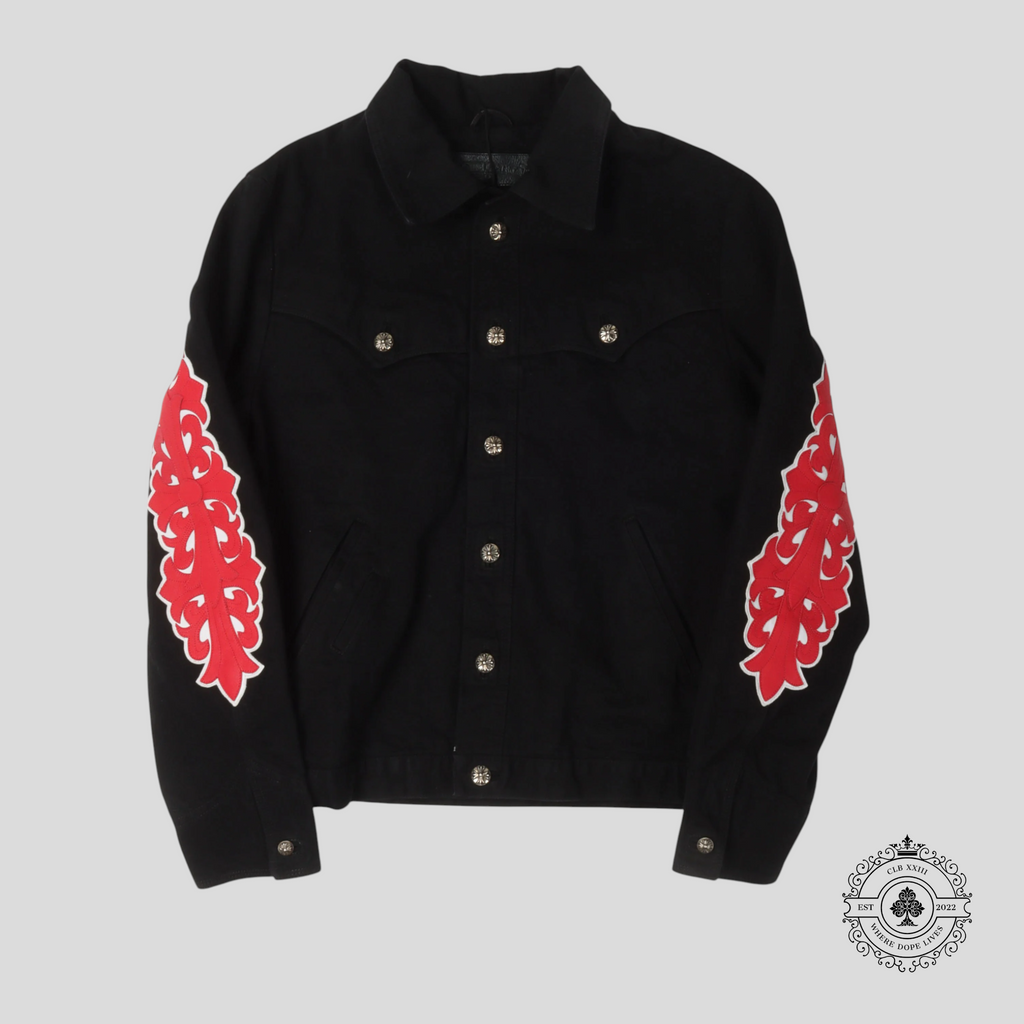 Veste en jean noire Chrome Hearts à écusson floral