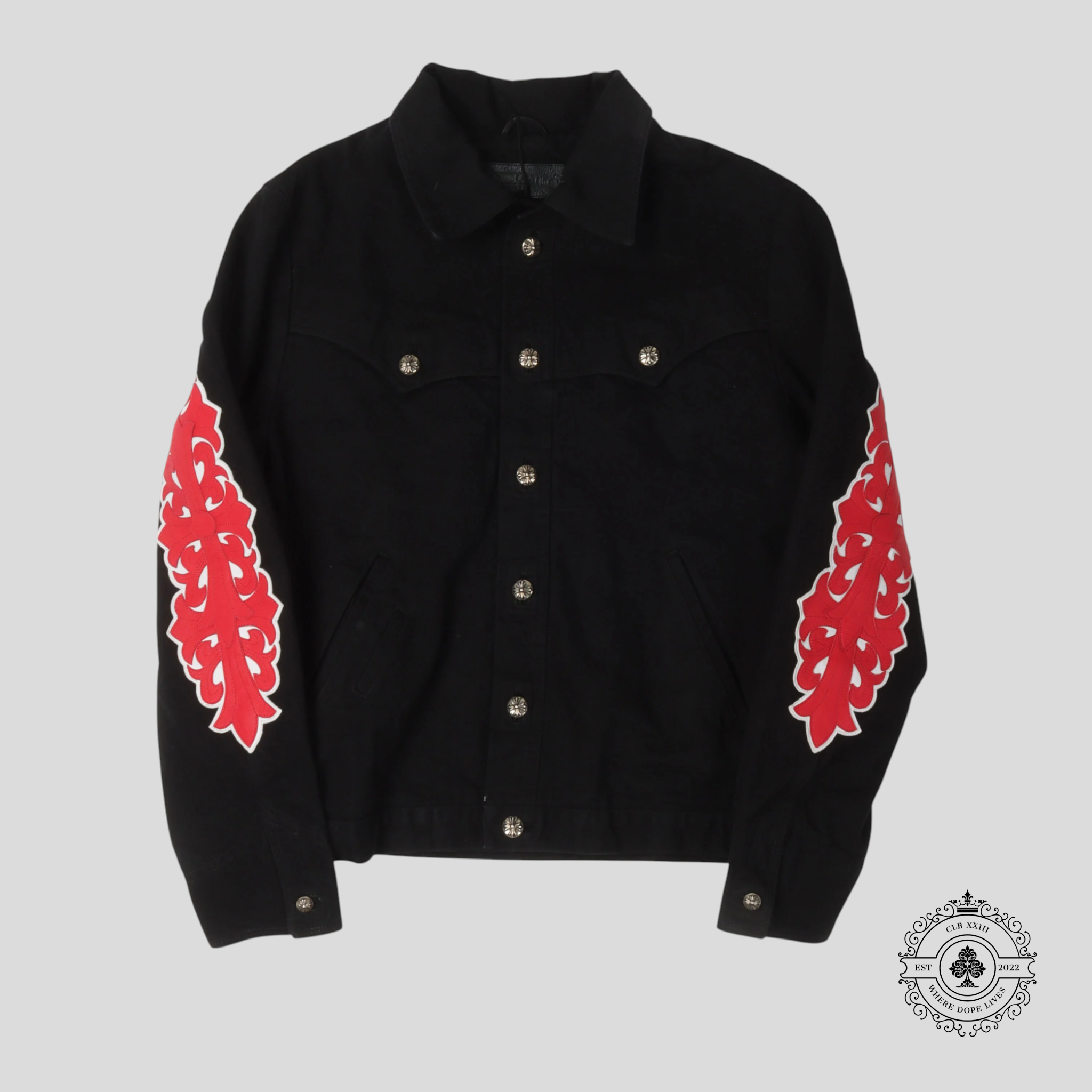 Veste en jean noire Chrome Hearts à écusson floral