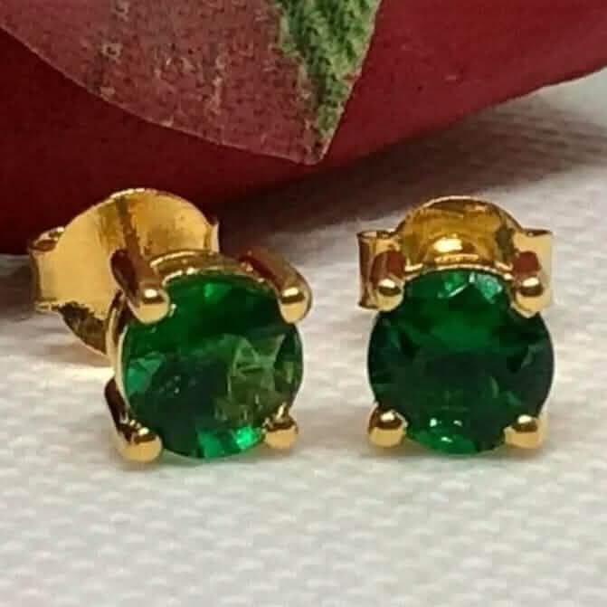 Boucles d'oreilles clous pour femmes en or jaune véritable 14 carats, rondes, émeraude naturelle verte 1 carat