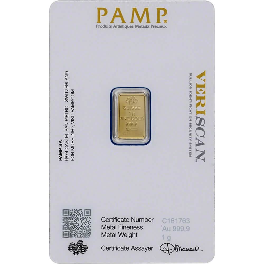 Lingot d'or 1 gramme PAMP Suisse Fortuna pureté 999.9 dans son emballage scellé