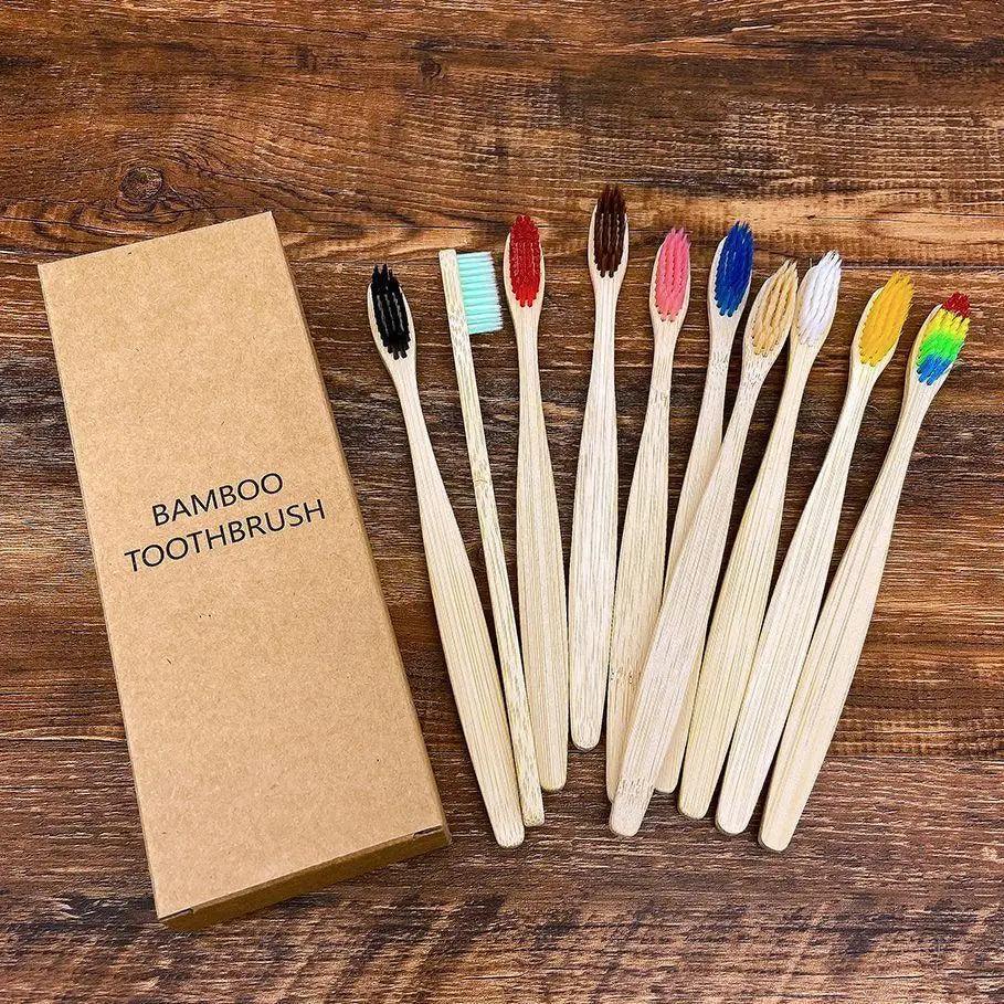 10 Brosses à Dents Naturelles Colorées Écologiques Douces en Bambou Brosse à Dents en Bambou Soins Dentaires Bucco-Dentaires Brosses à Dents en Bois