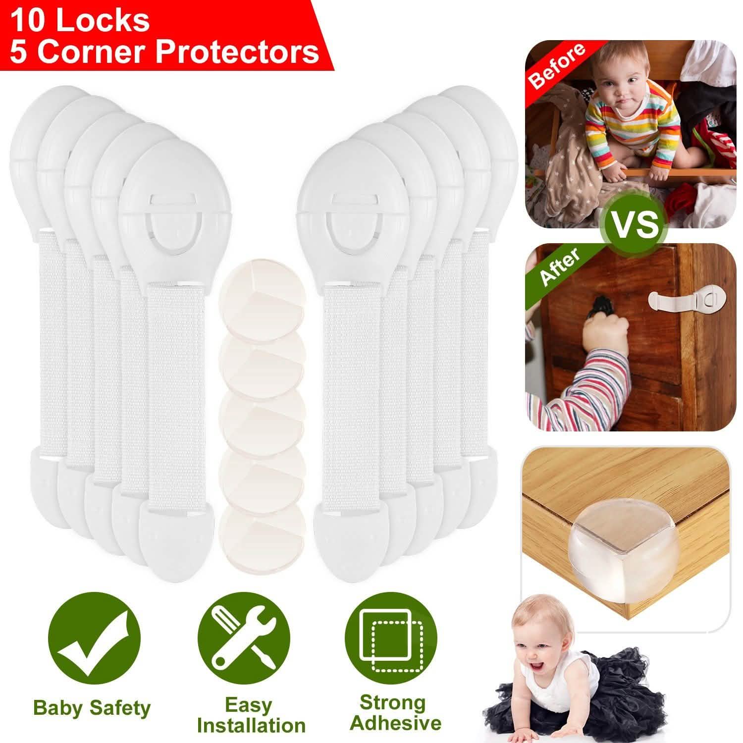 10 pièces : Loquets de sécurité pour enfants avec 5 protège-coins de meubles