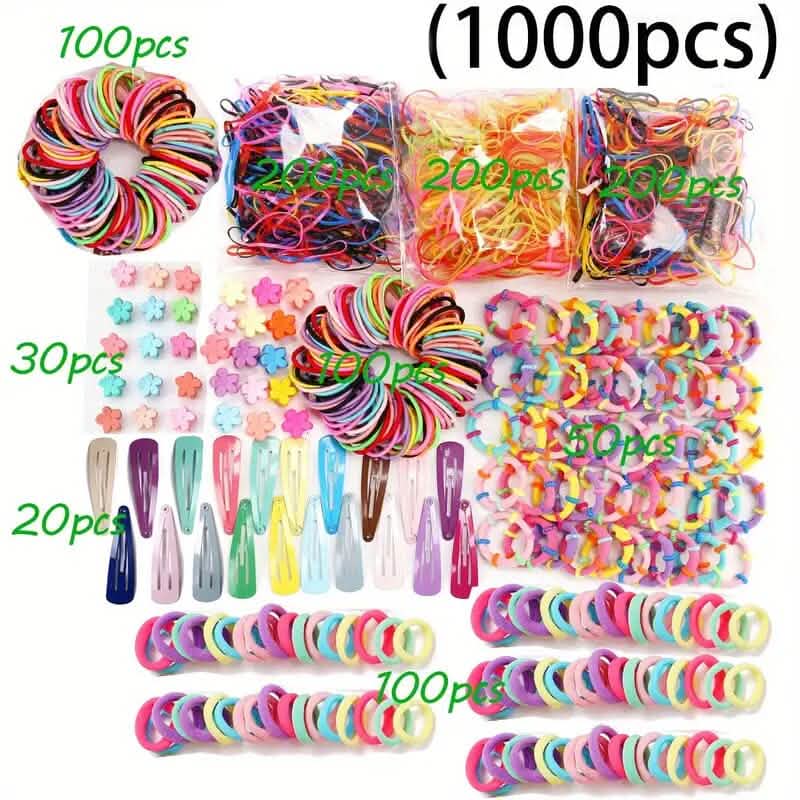 Lot de 1000 : Élastiques à cheveux colorés et chouchous pour femme