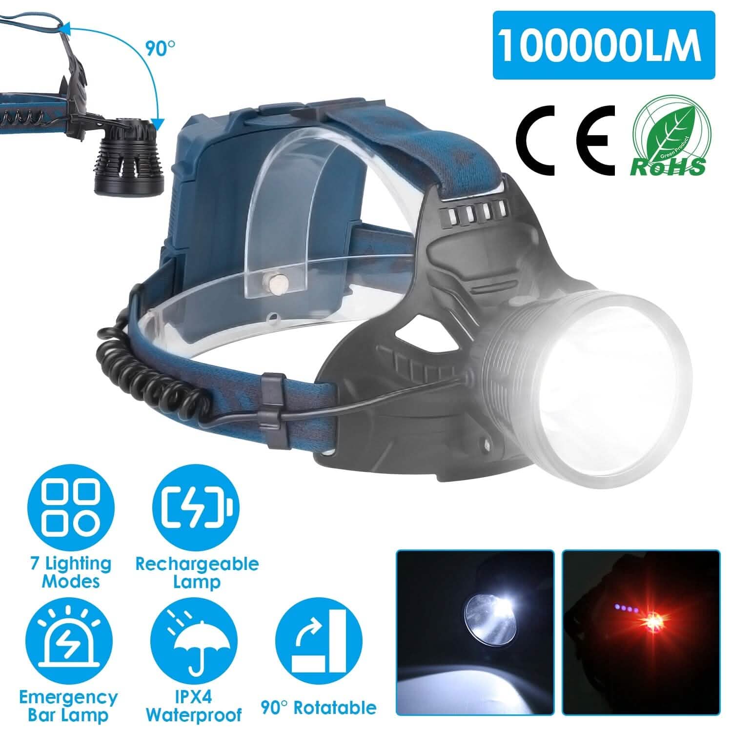 Phares Rechargeables LED 100000LM à 7 Modes d'Éclairage