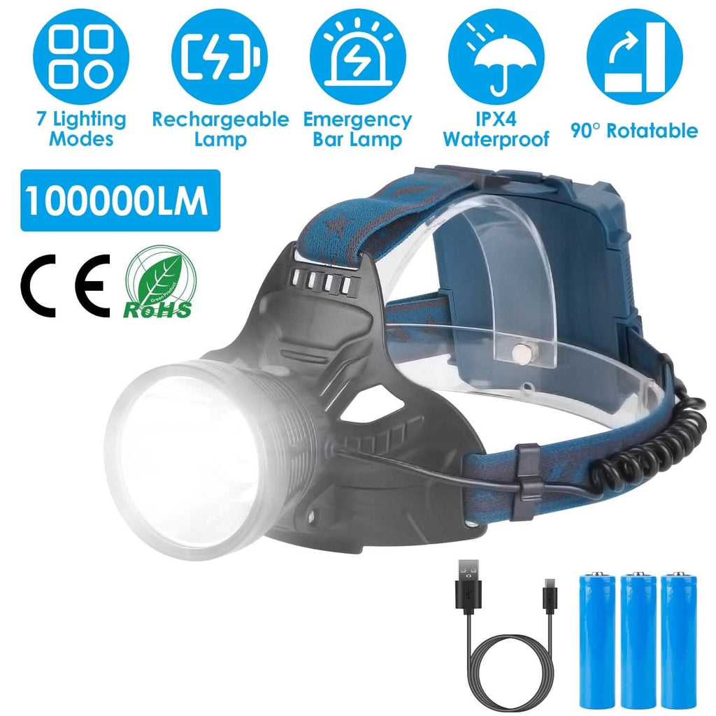 Phares Rechargeables LED 100000LM à 7 Modes d'Éclairage