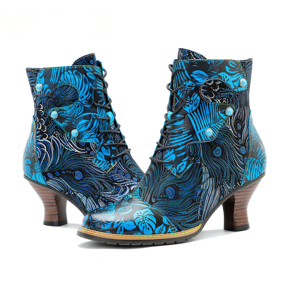 Bottines Confortables En Cuir Gaufré Bleu Et Brocart Douillet