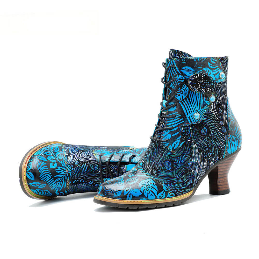 Bottines Confortables En Cuir Gaufré Bleu Et Brocart Douillet