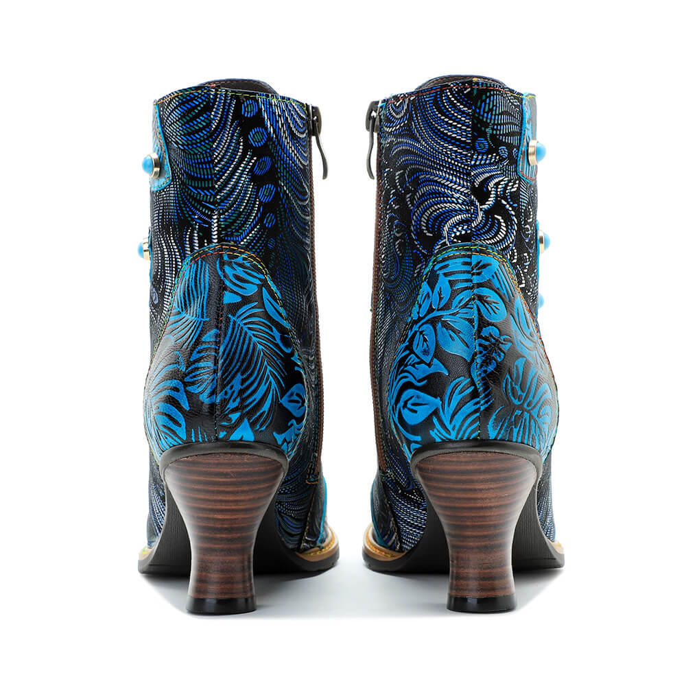Bottines Confortables En Cuir Gaufré Bleu Et Brocart Douillet