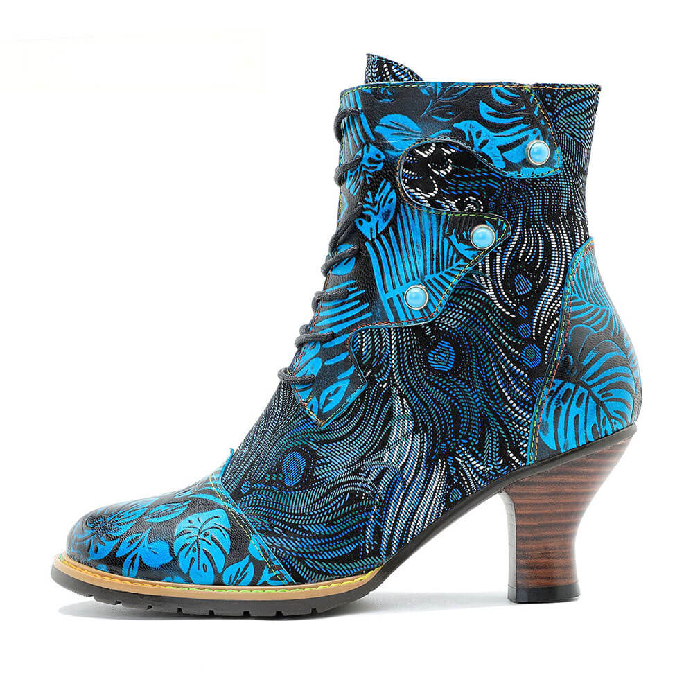 Bottines Confortables En Cuir Gaufré Bleu Et Brocart Douillet
