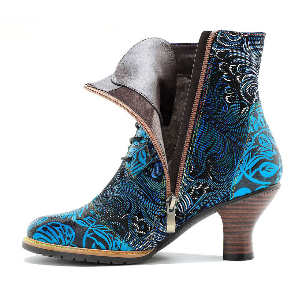 Bottines Confortables En Cuir Gaufré Bleu Et Brocart Douillet