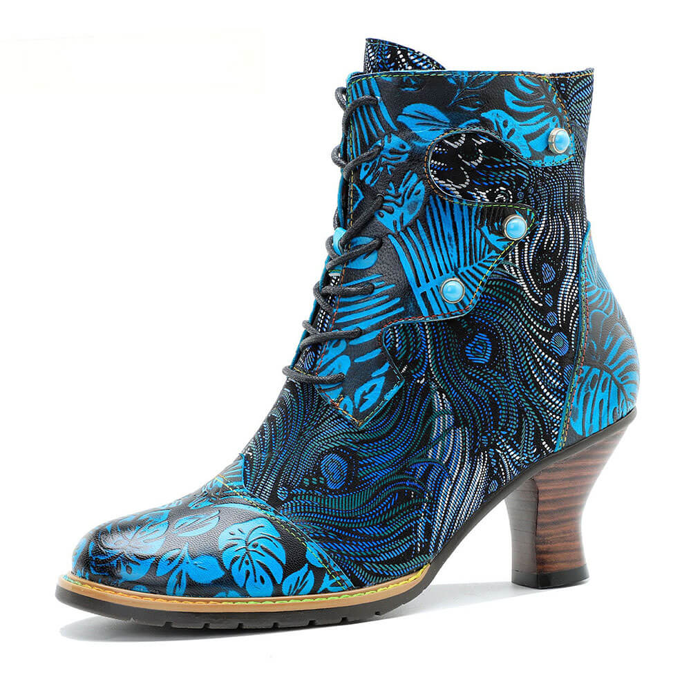 Bottines Confortables En Cuir Gaufré Bleu Et Brocart Douillet