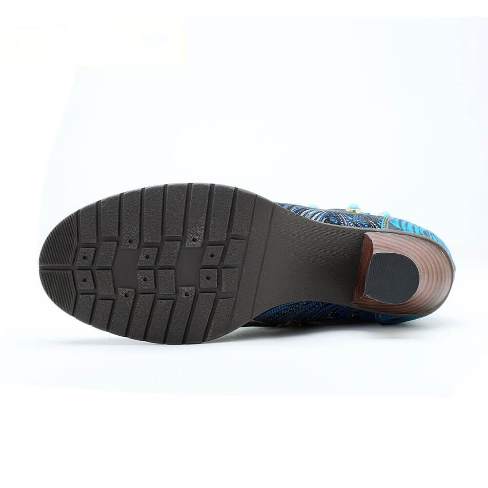 Bottines Confortables En Cuir Gaufré Bleu Et Brocart Douillet