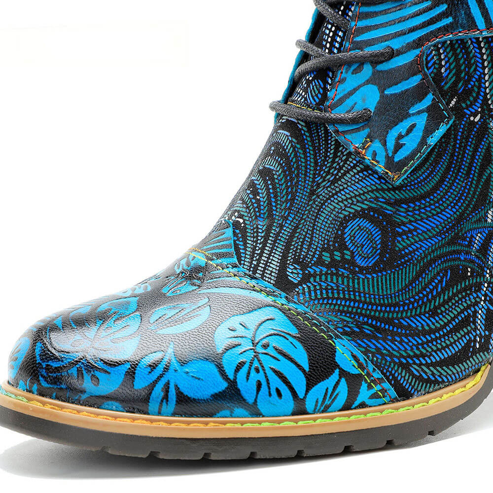 Bottines Confortables En Cuir Gaufré Bleu Et Brocart Douillet