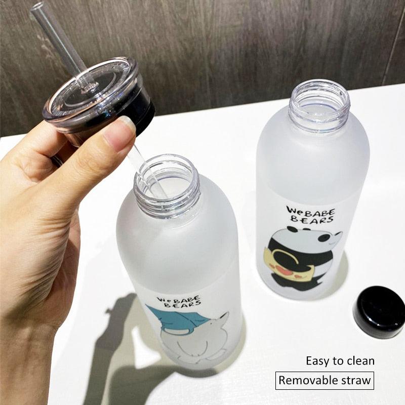 Bouteilles d'eau de 1000 ml, jolies tasses ours panda avec paille, bouteille d'eau transparente de dessin animé, vaisselle, tasse givrée étanche en plastique avec paille, tasse d'eau transparente givrée avec motif ours panda, gourde de sport.