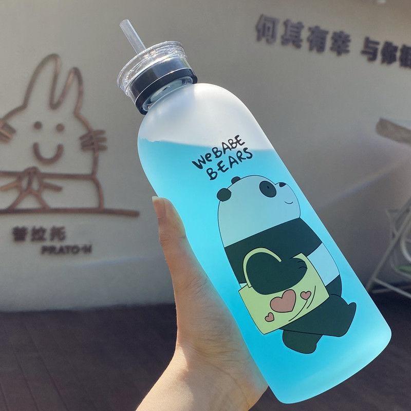 Bouteilles d'eau de 1000 ml, jolies tasses ours panda avec paille, bouteille d'eau transparente de dessin animé, vaisselle, tasse givrée étanche en plastique avec paille, tasse d'eau transparente givrée avec motif ours panda, gourde de sport.
