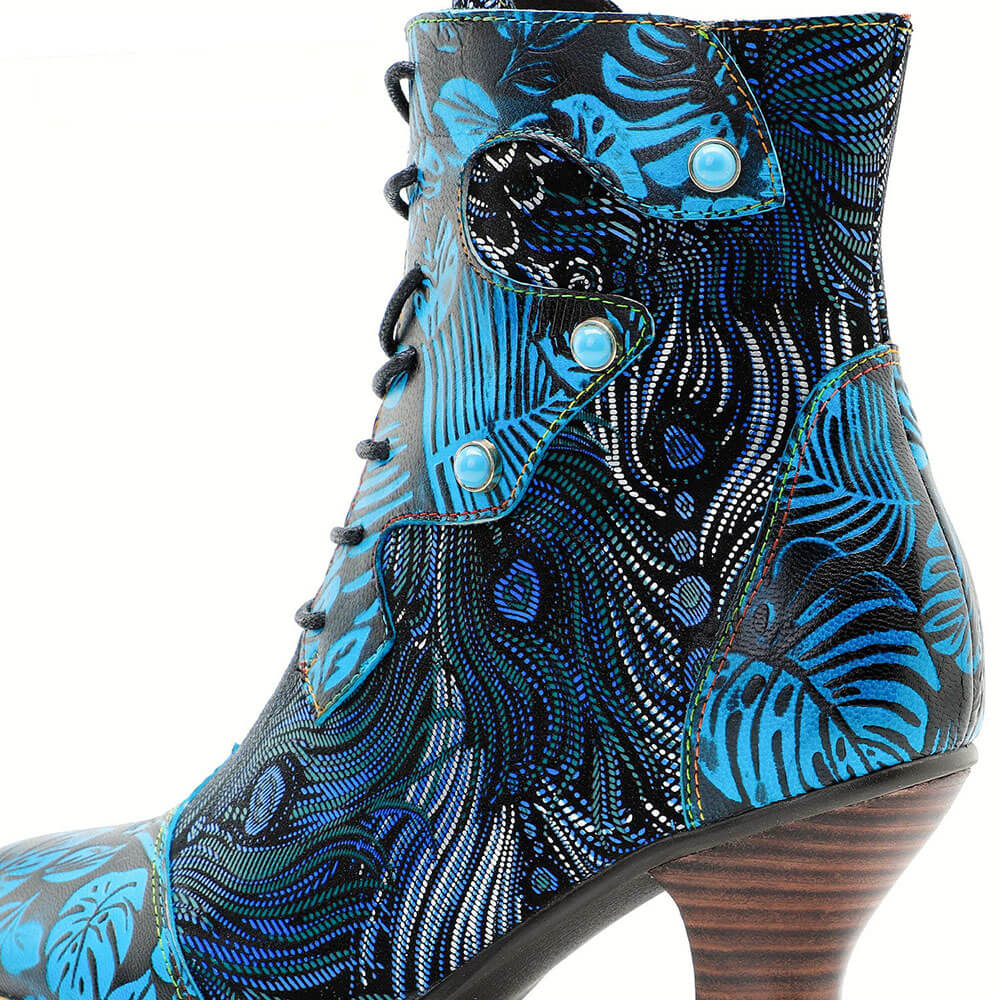 Bottines Confortables En Cuir Gaufré Bleu Et Brocart Douillet