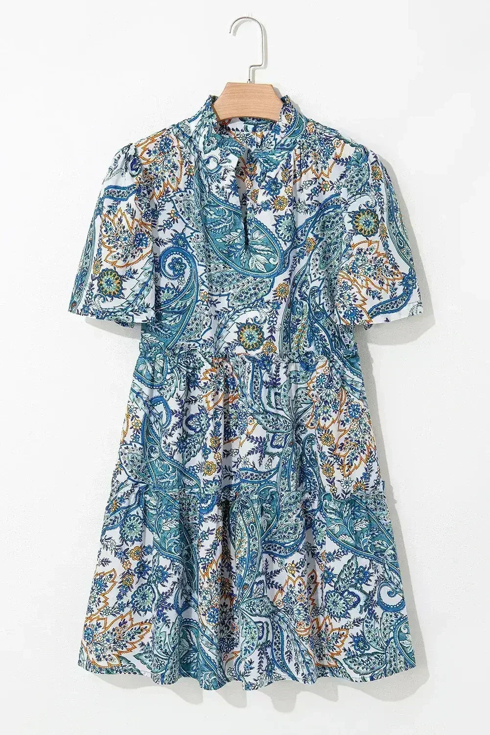Robe courte bleue bohème à imprimé cachemire floral, col en V et manches bouffantes