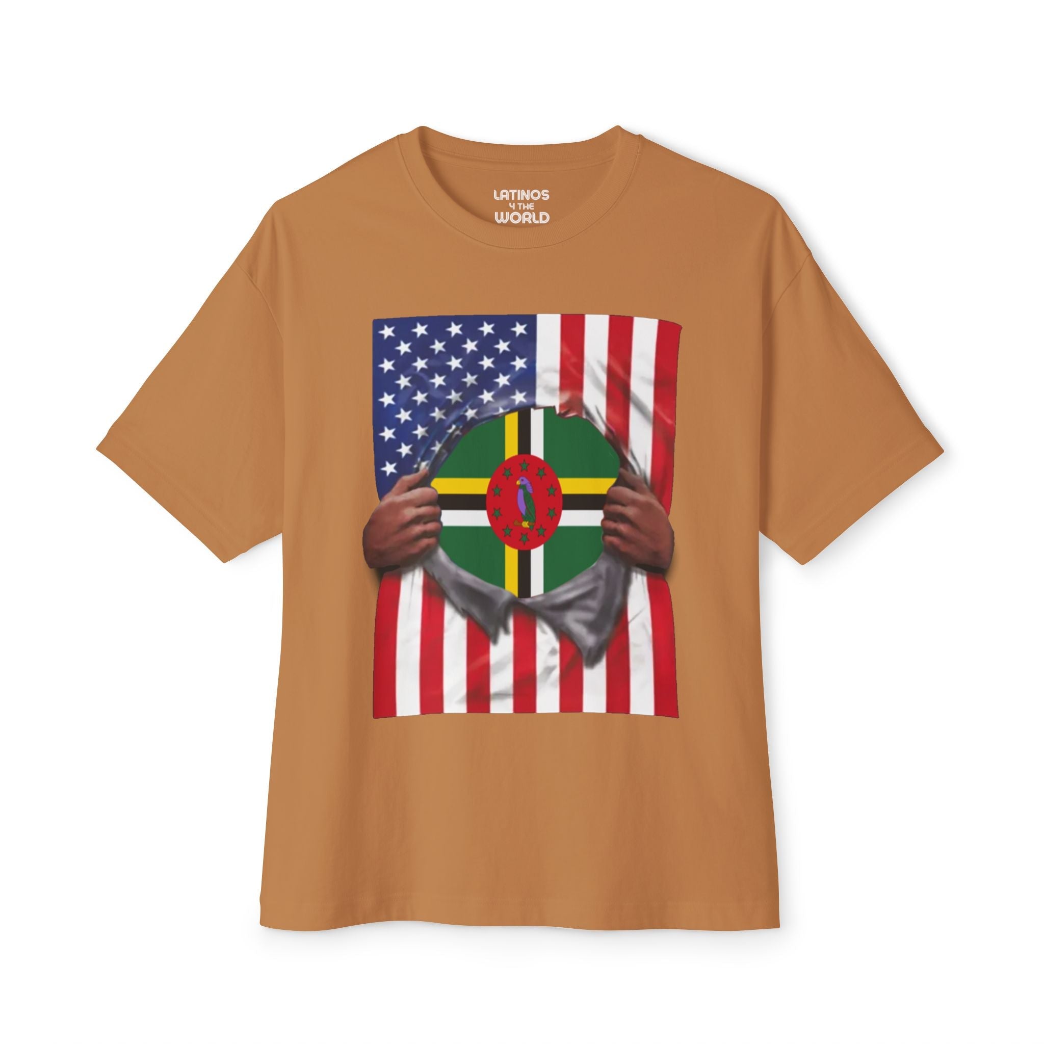 T-shirt drapeau Dominique + États-Unis | Drapeau dominicain + américain déchiré 4 juillet | T-shirts latinos drôles | 4 couleurs