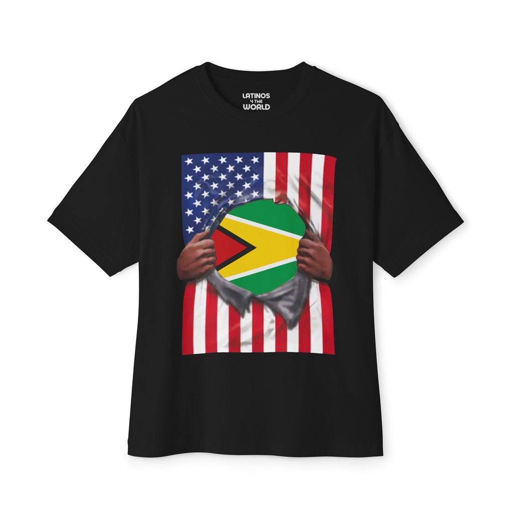 T-shirt Drapeaux Guyana + USA Fierté | Drapeaux Guyanien + Américain Effet déchiré 4 Juillet | T-shirts Latino Drôles Viraux | Unisexe - 4 Couleurs
