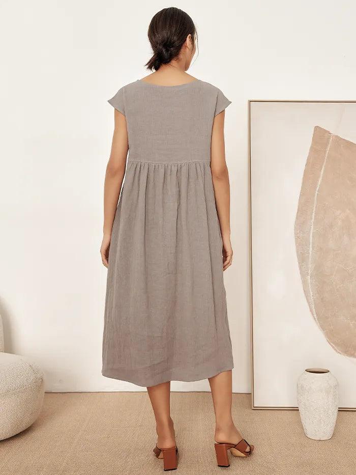 Robe midi lavée en lin à rayures et manches courtes JOAN