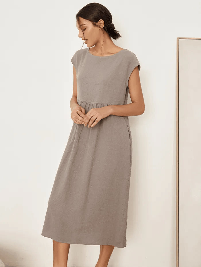 Robe midi lavée en lin à rayures et manches courtes JOAN