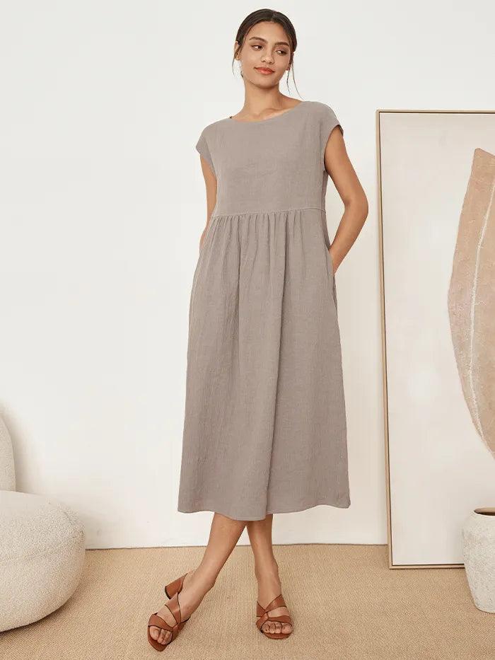 Robe midi lavée en lin à rayures et manches courtes JOAN