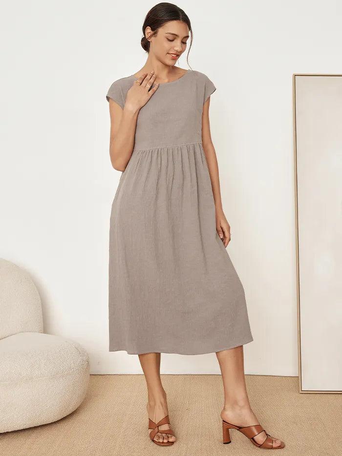Robe midi lavée en lin à rayures et manches courtes JOAN