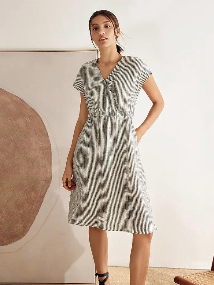 Robe courte ARIA en lin 100 % rayé à taille élastique