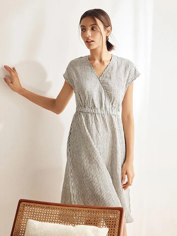 Robe courte ARIA en lin 100 % rayé à taille élastique