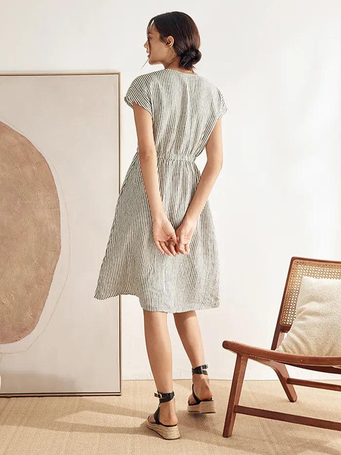Robe courte ARIA en lin 100 % rayé à taille élastique