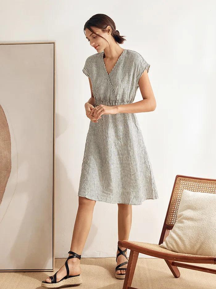Robe courte ARIA en lin 100 % rayé à taille élastique