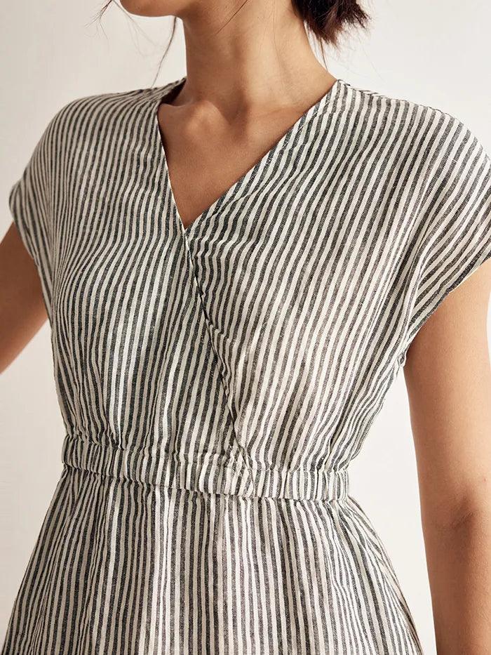 Robe courte ARIA en lin 100 % rayé à taille élastique