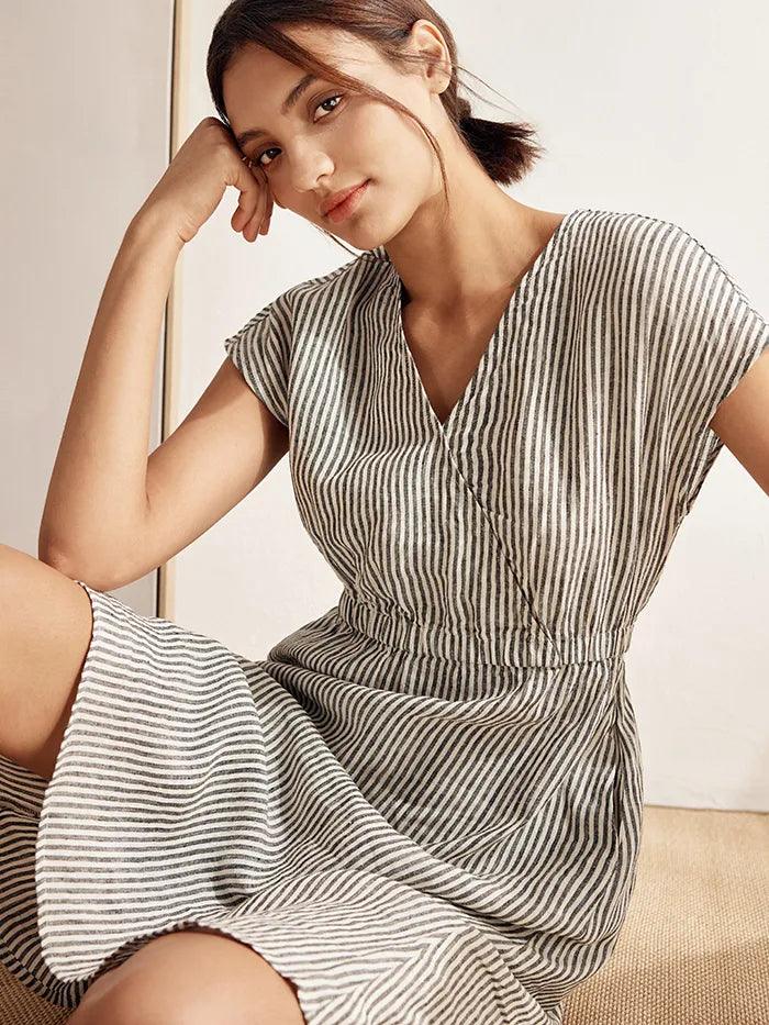 Robe courte ARIA en lin 100 % rayé à taille élastique