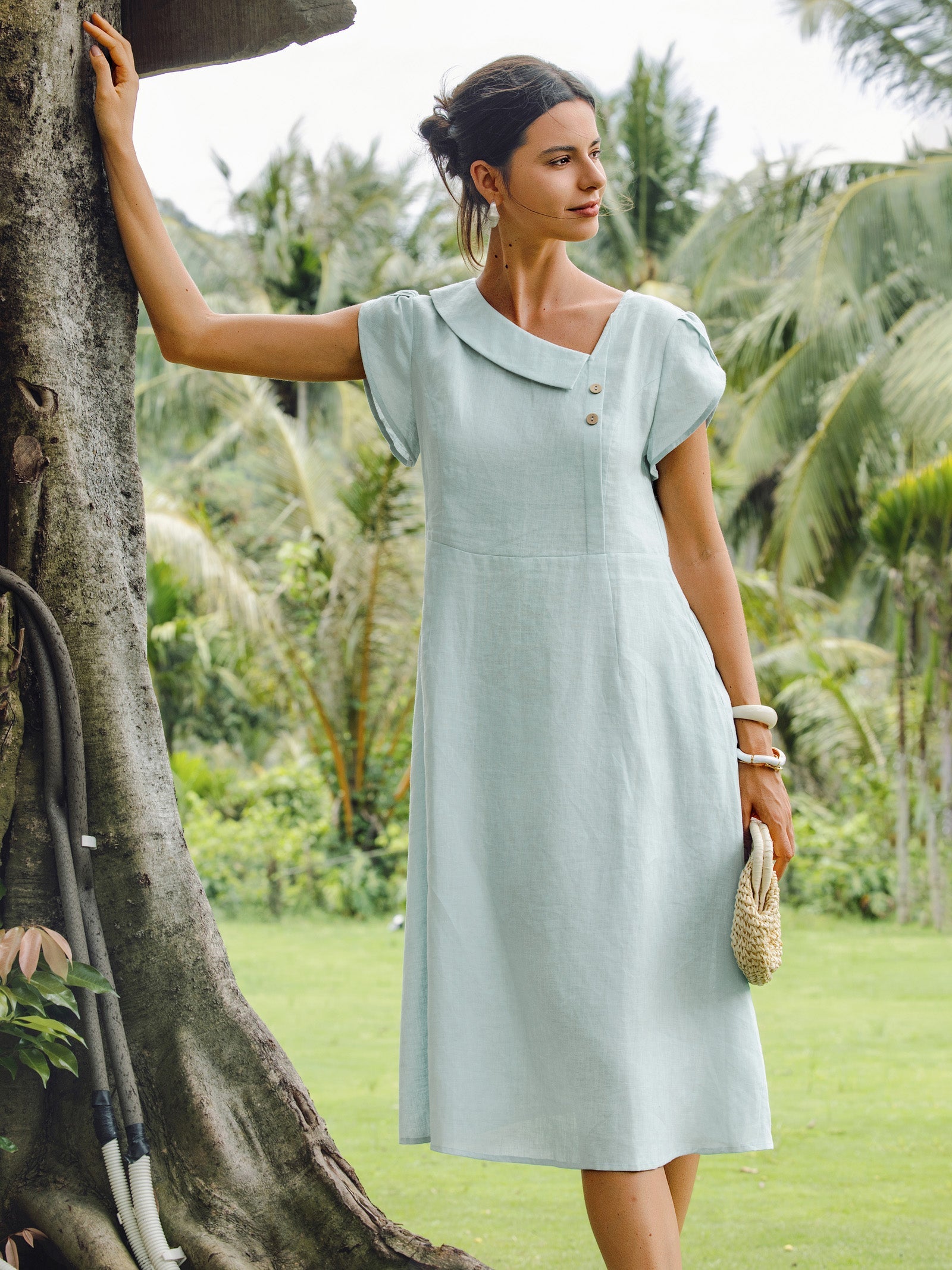 Robe Courte FIONA 100 % Lin avec Col Croissant et Manches Volantes