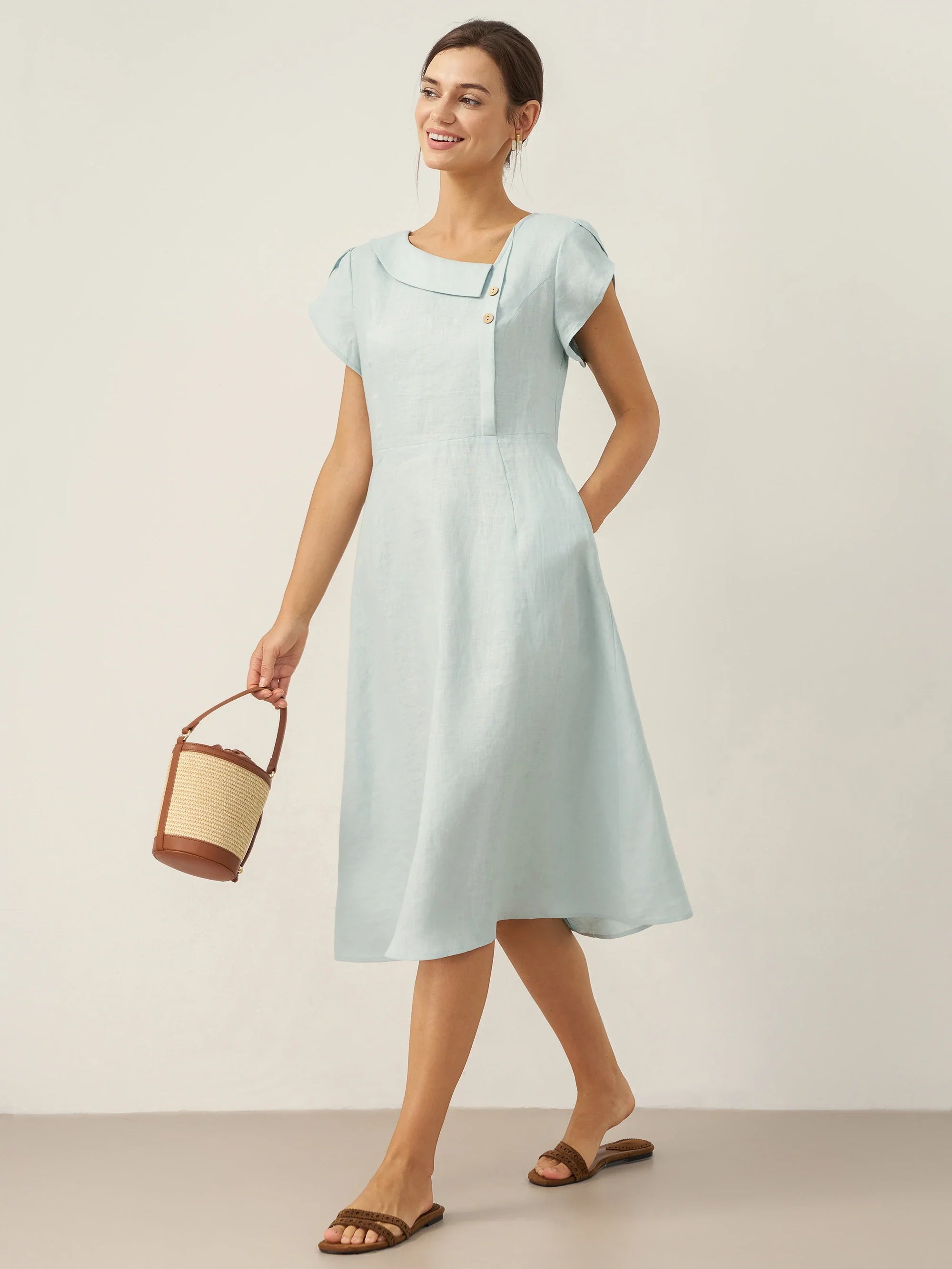 Robe Courte FIONA 100 % Lin avec Col Croissant et Manches Volantes
