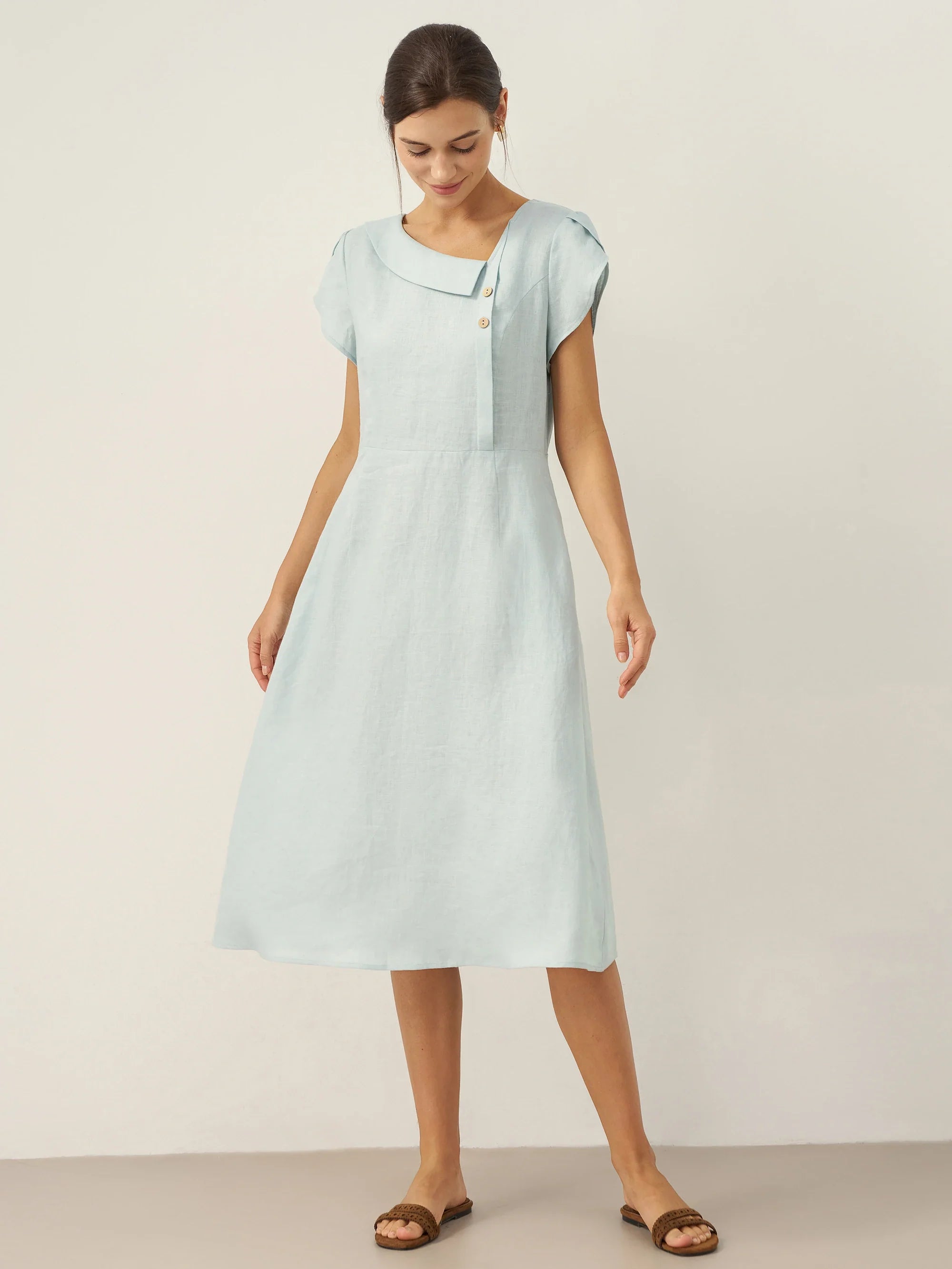 Robe Courte FIONA 100 % Lin avec Col Croissant et Manches Volantes