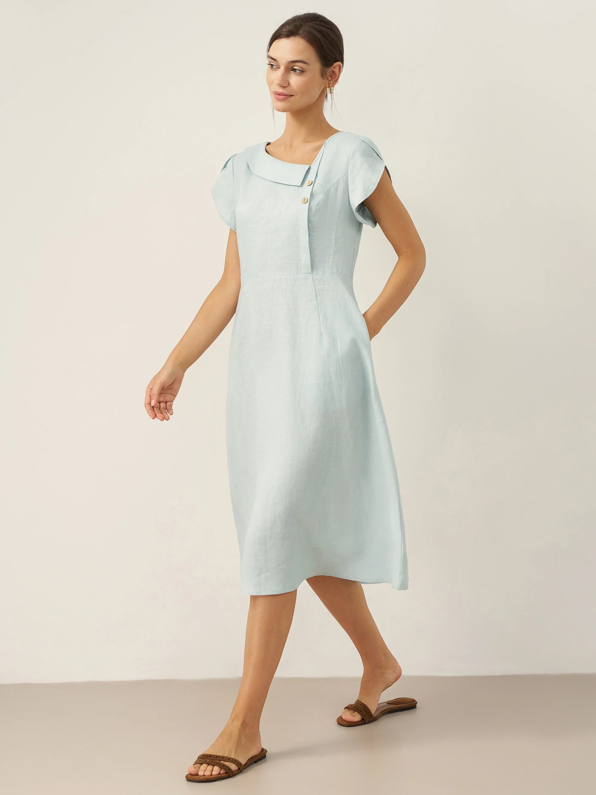Robe Courte FIONA 100 % Lin avec Col Croissant et Manches Volantes