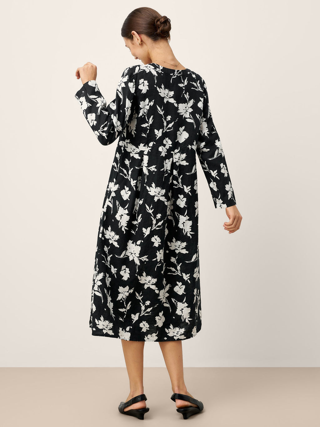 Robe midi froncée imprimée florale 100 % lin ÉLODIE
