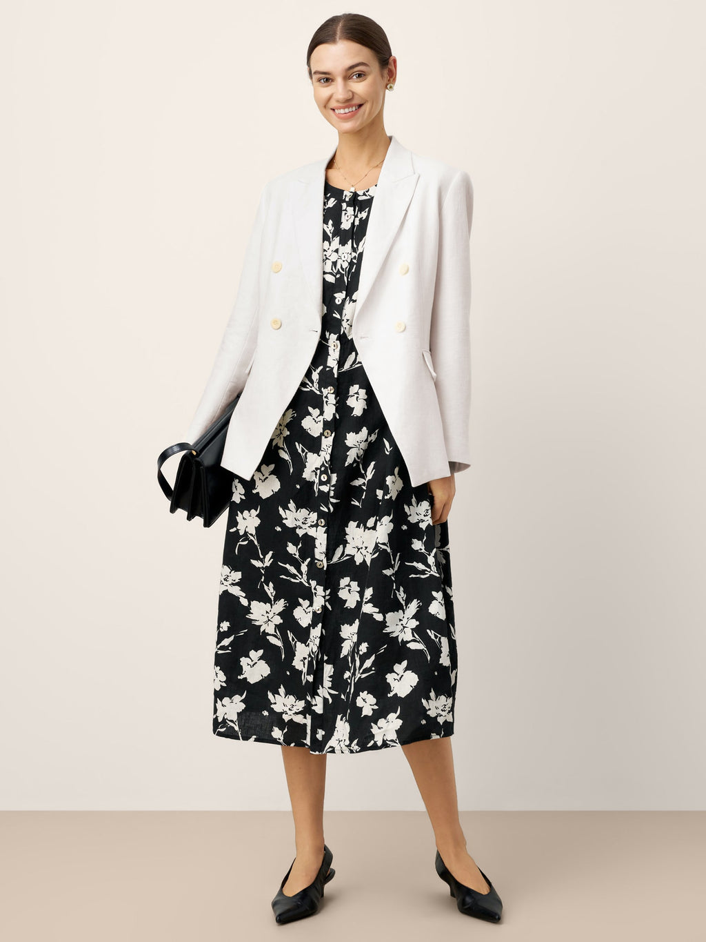 Robe midi froncée imprimée florale 100 % lin ÉLODIE