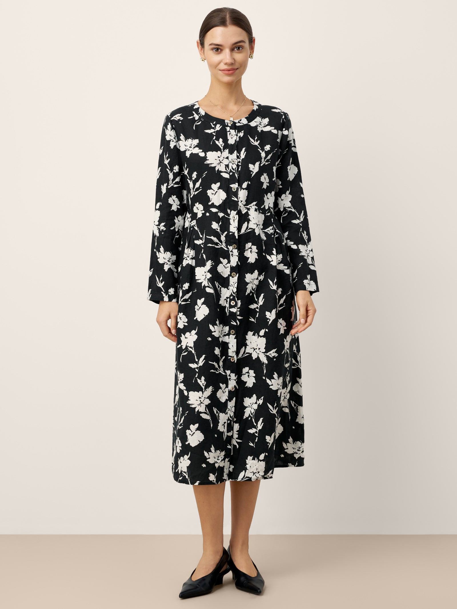 Robe midi froncée imprimée florale 100 % lin ÉLODIE