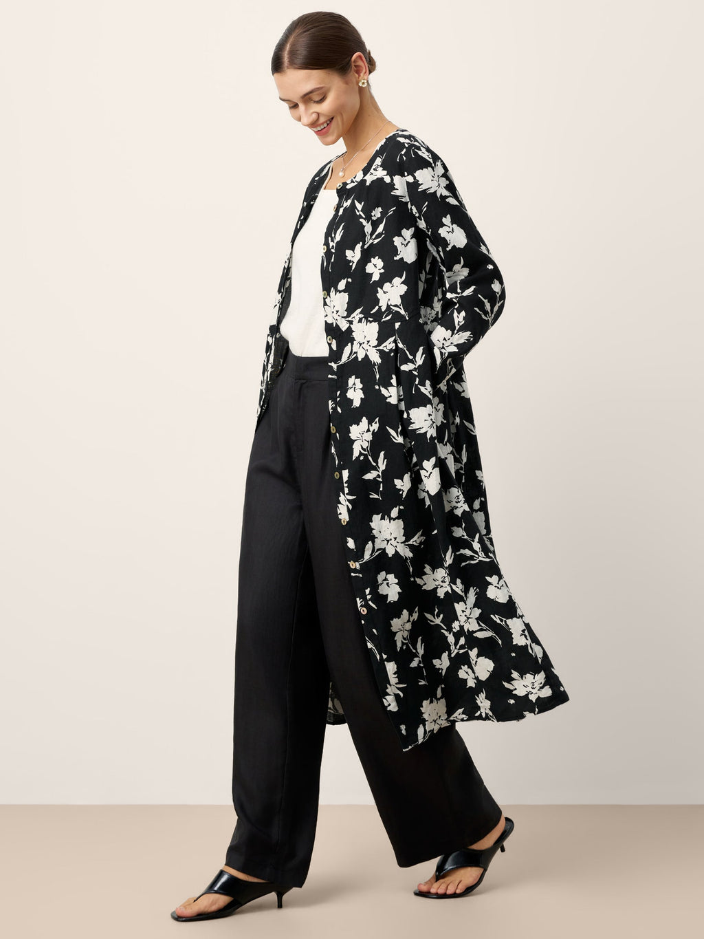 Robe midi froncée imprimée florale 100 % lin ÉLODIE